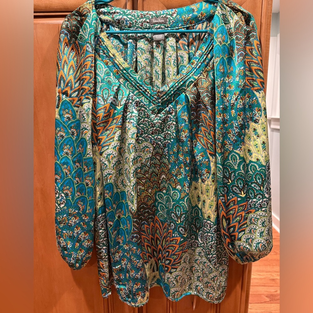 Neiman Marcus Teal and Orange Paisley Blouse size Large